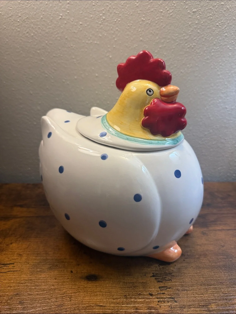 Coco Dowley Ceramic Chicken Cookie Jar Canister Blue Polka dots Kitchen Storage